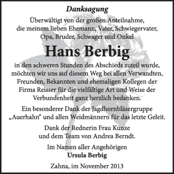 Traueranzeige von Hans Berbig von Super Sonntag Wittenberg