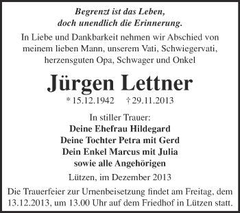 Traueranzeige von Jürgen Lettner von Super Sonntag Merseburg
