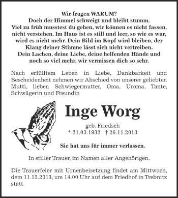 Traueranzeige von Inge Worg von Super Sonntag Bernburg