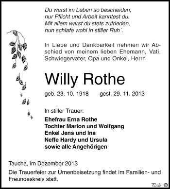 Traueranzeige von Willy Rothe von WVG - Wochenspiegel NMB / WSF / ZTZ