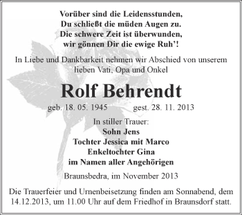 Traueranzeige von Rolf Behrendt von WVG - Wochenspiegel Merseburg