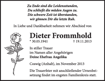 Traueranzeige von Dieter Frommhold von Super Sonntag Dessau / Köthen