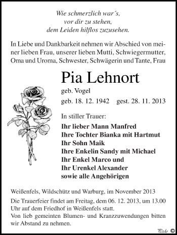 Traueranzeige von Pia Lehnort von WVG - Wochenspiegel NMB / WSF / ZTZ