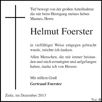 Traueranzeige von Helmut Foerster von Super Sonntag Zeitz
