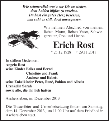 Traueranzeige von Erich Rost von WVG - Wochenspiegel Aschersleben
