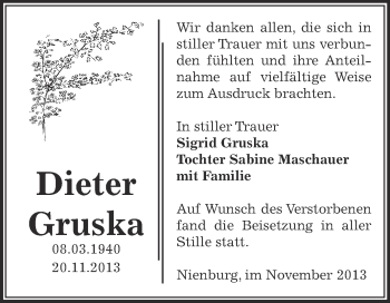 Traueranzeige von Dieter Gruska von Super Sonntag Bernburg