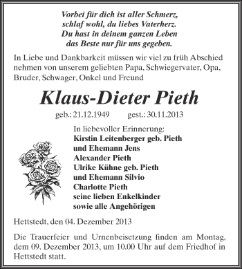 Traueranzeige von Klaus-Dieter Pieth von Wochenspiegel Mansfelder Land