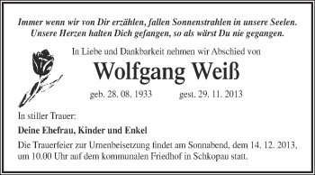 Traueranzeige von Wolfgang Weiß von WVG - Wochenspiegel Merseburg