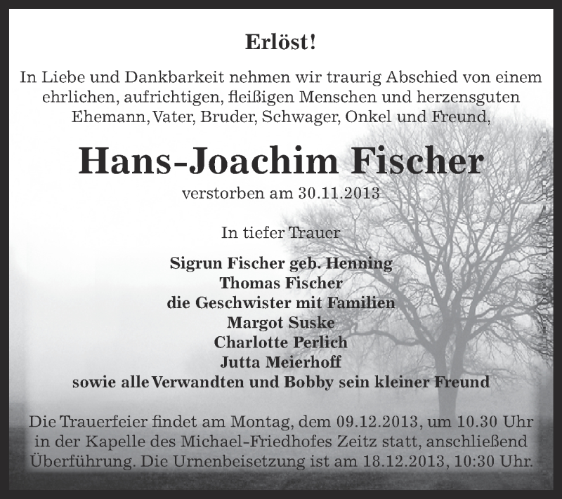  Traueranzeige für Hans-Joachim Fischer vom 04.12.2013 aus Super Sonntag Zeitz