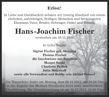 Traueranzeige von Hans-Joachim Fischer von Super Sonntag Zeitz