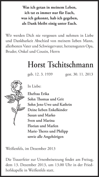 Traueranzeige von Horst Tschitschmann von Super Sonntag Merseburg