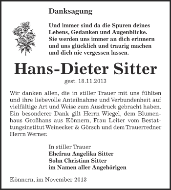 Traueranzeige von Hans-Dieter Sitter von Super Sonntag Bernburg
