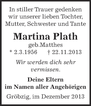 Traueranzeige von Martina Plath von WVG - Wochenspiegel Dessau / Köthen
