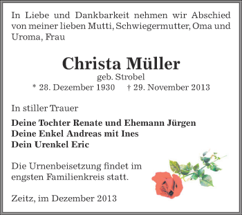 Traueranzeige von Christa Müller von Super Sonntag Zeitz