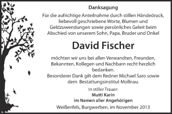Traueranzeige von David Fischer von WVG - Wochenspiegel Merseburg