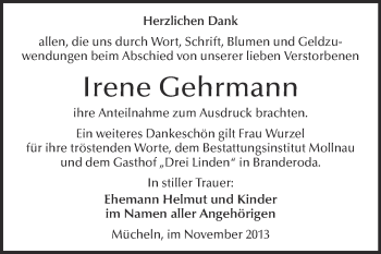 Traueranzeige von Irene Gehrmann von WVG - Wochenspiegel Merseburg