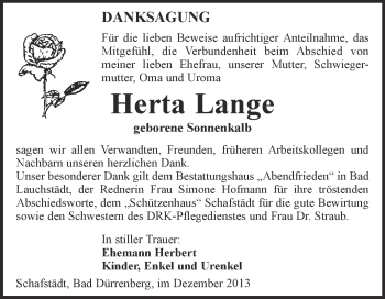 Traueranzeige von Herta Lange von WVG - Wochenspiegel Merseburg