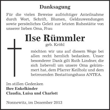 Traueranzeige von Ilse Rümmler von Super Sonntag Zeitz