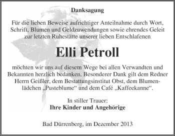 Traueranzeige von Elli Petroll von Super Sonntag Merseburg
