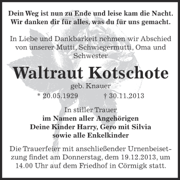 Traueranzeige von Waltraut Kotschote von Super Sonntag Bernburg