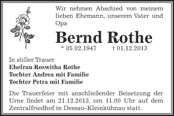 Traueranzeige von Bernd Rothe von WVG - Wochenspiegel Dessau / Köthen