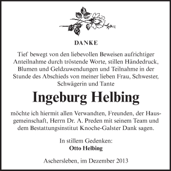 Traueranzeige von Ingeburg Helbing von Super Sonntag Aschersleben
