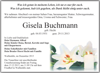 Traueranzeige von Gisela Buchmann von WVG - Wochenspiegel NMB / WSF / ZTZ