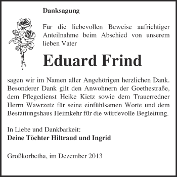 Traueranzeige von Eduard Frind von WVG - Wochenspiegel NMB / WSF / ZTZ