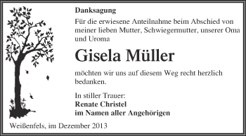 Traueranzeige von Gisela Müller von WVG - Wochenspiegel NMB / WSF / ZTZ