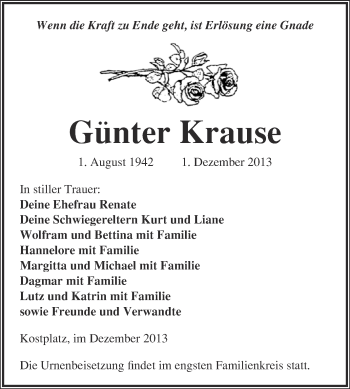 Traueranzeige von Günter Krause von WVG - Wochenspiegel NMB / WSF / ZTZ