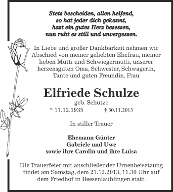 Traueranzeige von Elfriede Schulze von Super Sonntag Bernburg