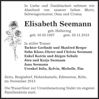 Traueranzeige von Elisabeth Seemann von Super Sonntag Zeitz