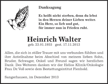 Traueranzeige von Heinrich Walter von Super Sonntag SGH Mansf. Land