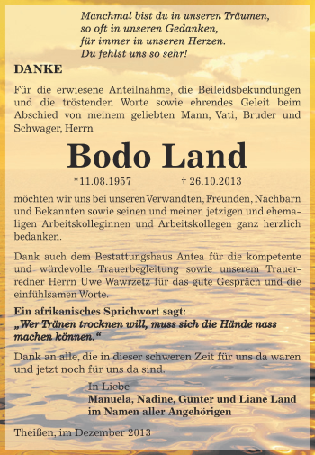 Traueranzeige von Bodo Land von Super Sonntag Zeitz