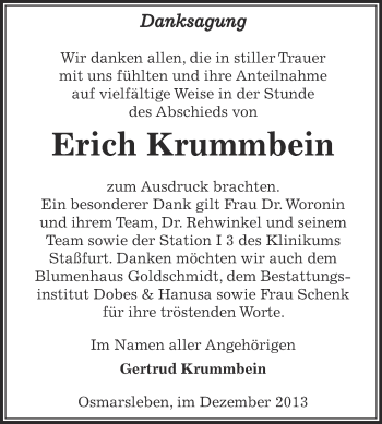 Traueranzeige von Erich Krummbein von Super Sonntag Bernburg