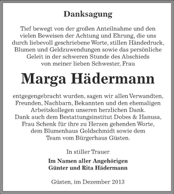 Traueranzeige von Marga Hädermann von Super Sonntag Bernburg