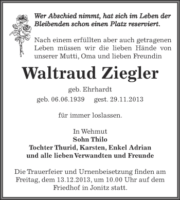 Traueranzeige von Waltraud Ziegler von WVG - Wochenspiegel Dessau / Köthen