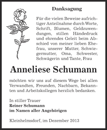 Traueranzeige von Anneliese Schumann von Super Sonntag Zeitz