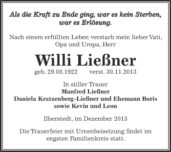 Traueranzeige von Willi Ließner von Super Sonntag Bernburg