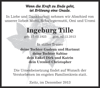 Traueranzeige von Ingeburg Tille von Super Sonntag Zeitz