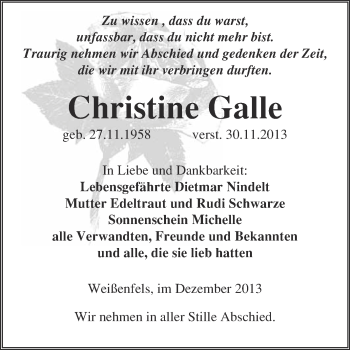 Traueranzeige von Christine Galle von WVG - Wochenspiegel NMB / WSF / ZTZ