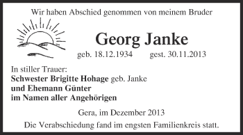 Traueranzeige von Georg Janke von WVG - Wochenspiegel NMB / WSF / ZTZ