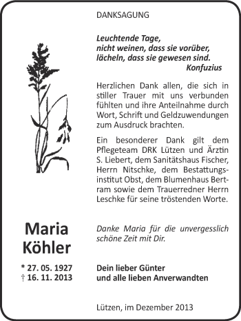 Traueranzeige von Maria Köhler von Super Sonntag Merseburg