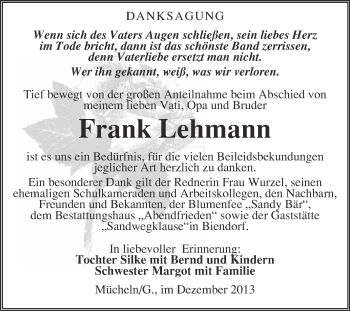 Traueranzeige von Frank Lehmann von WVG - Wochenspiegel Merseburg