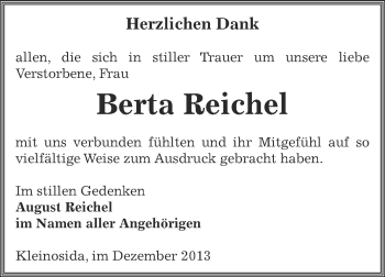 Traueranzeige von Berta Reichel von Super Sonntag Zeitz