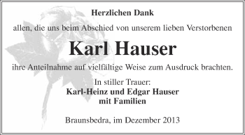 Traueranzeige von Karl Hauser von WVG - Wochenspiegel Merseburg