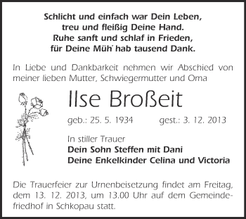 Traueranzeige von Ilse Broßeit von Super Sonntag Merseburg
