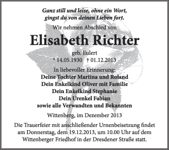 Traueranzeige von Elisabeth Richter von WVG - Wochenspiegel Wittenberg