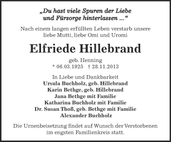 Traueranzeige von Elfriede Hillebrand von Super Sonntag Bernburg