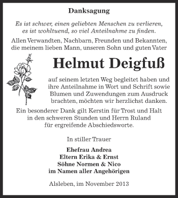 Traueranzeige von Helmut Deigfuß von Super Sonntag Bernburg